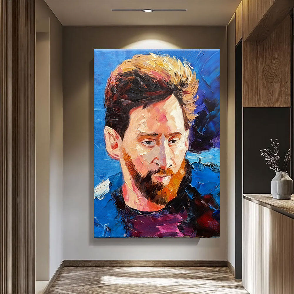 Expressive Portrait on Blue canvas wall art, styled room mockup 3.