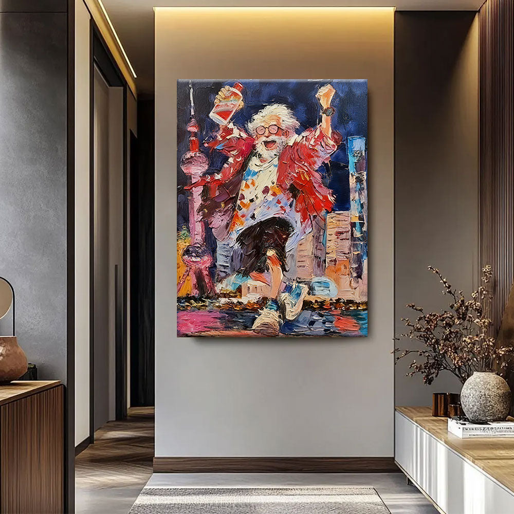 City Character in a Red Jacket canvas wall art, styled room mockup 3.