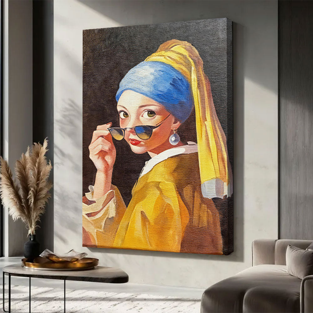 Pearl and Sunglasses Portrait canvas wall art, styled room mockup 1.