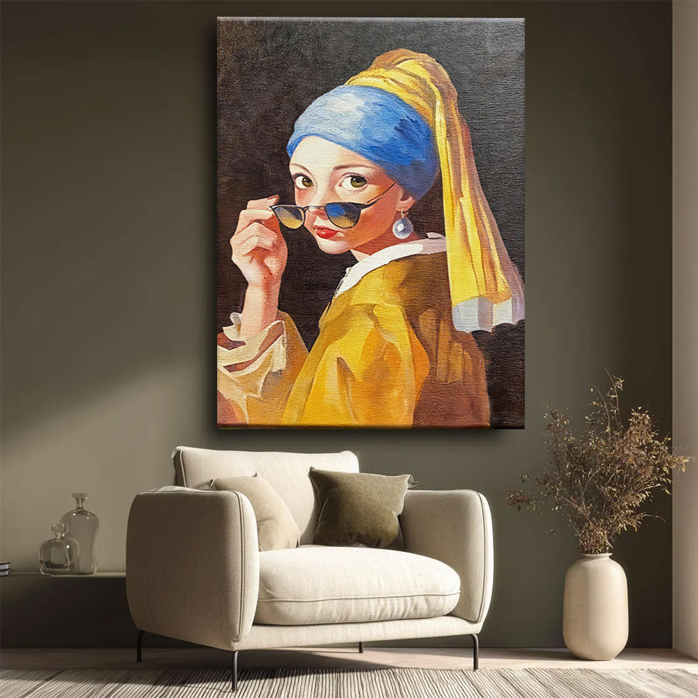 Pearl and Sunglasses Portrait canvas wall art, styled room mockup 2.