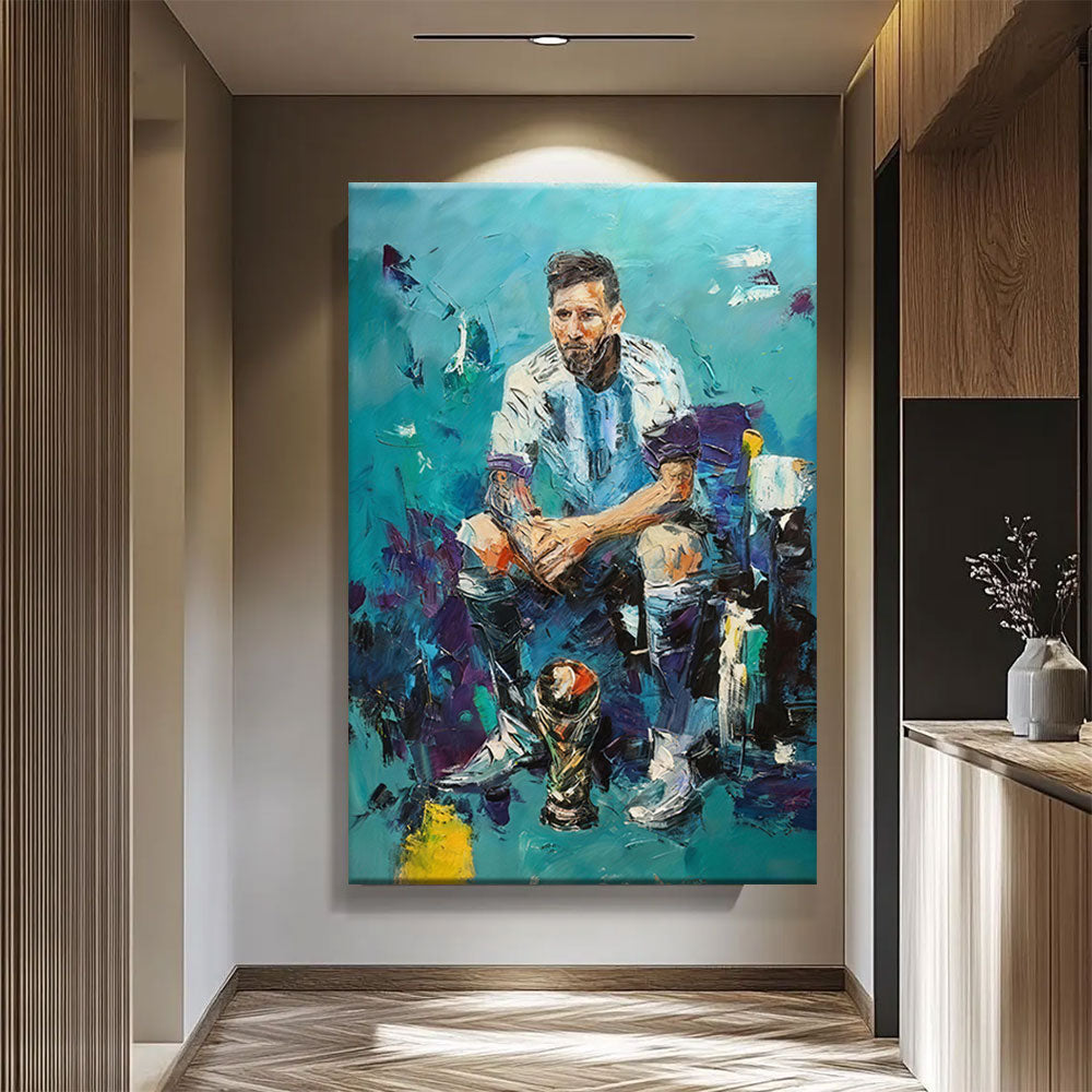 Seated Figure in Blue and White canvas wall art, styled room mockup 4.