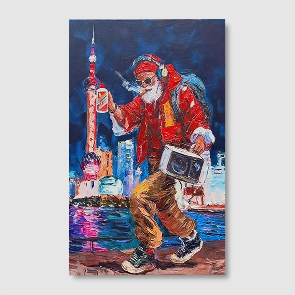 Red Jacket by the City Lights canvas wall art, front product mockup on a light background.