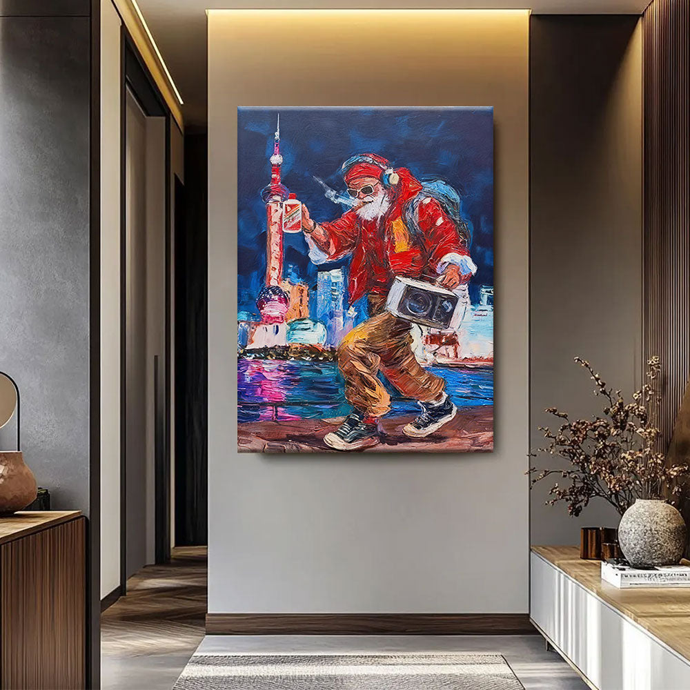Red Jacket by the City Lights canvas wall art, styled room mockup 3.