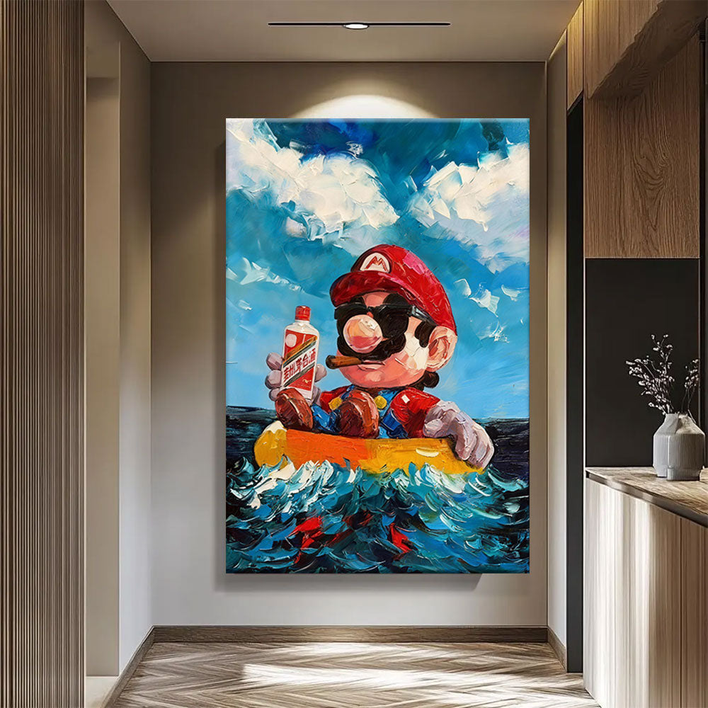 Red Capped Character at Sea canvas wall art, styled room mockup 2.
