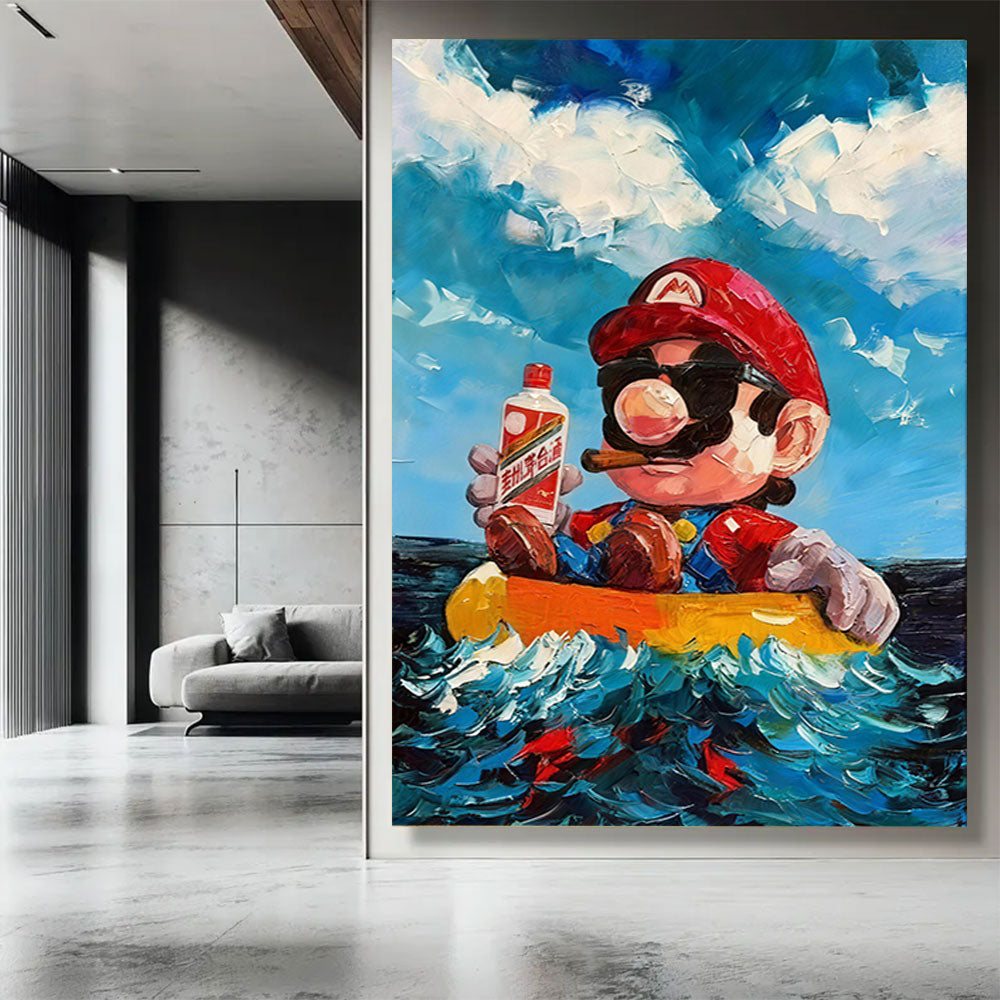 Red Capped Character at Sea canvas wall art, styled room mockup 4.