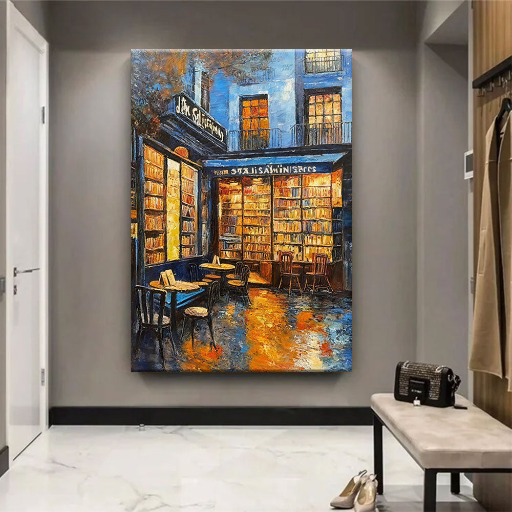 Warm Windows on a Rainy Street canvas wall art, styled room mockup 3.