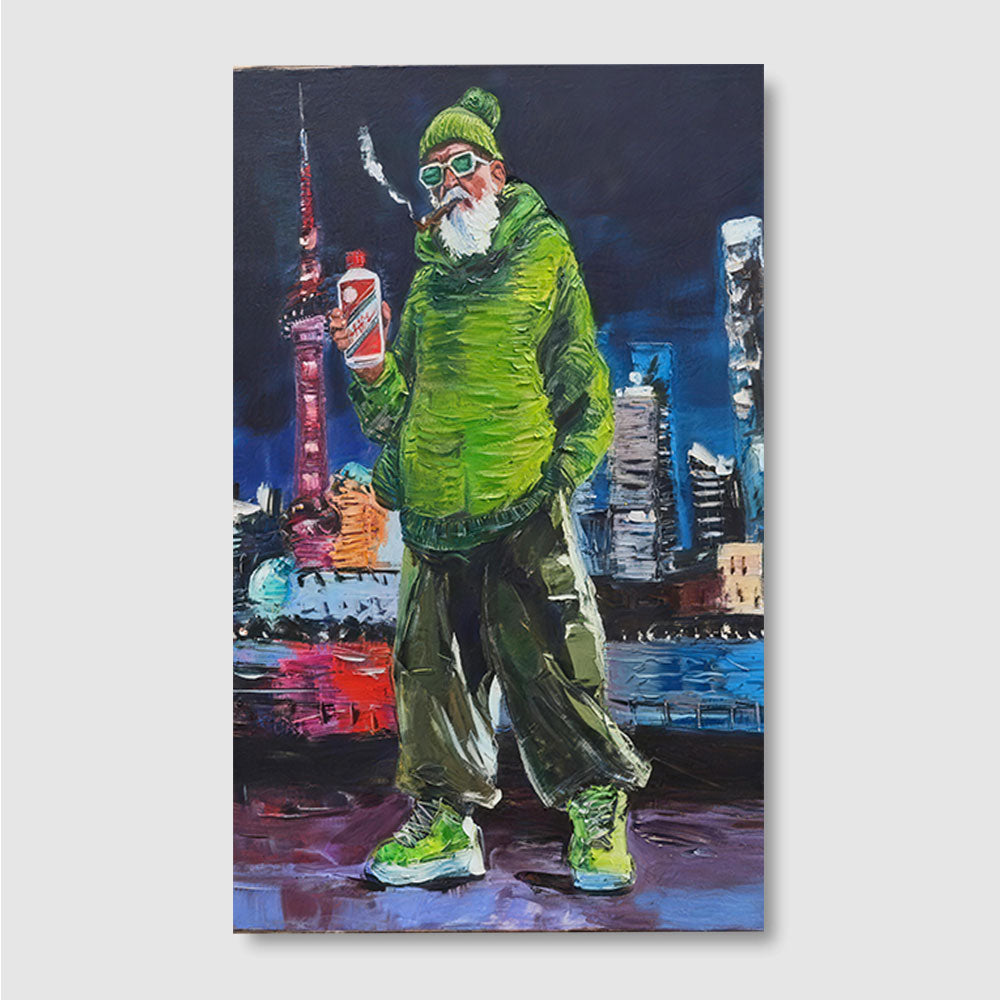 Green Jacket City Character canvas wall art, front product mockup on a light background.