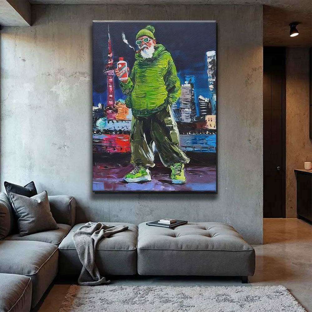 Green Jacket City Character canvas wall art, styled room mockup 2.