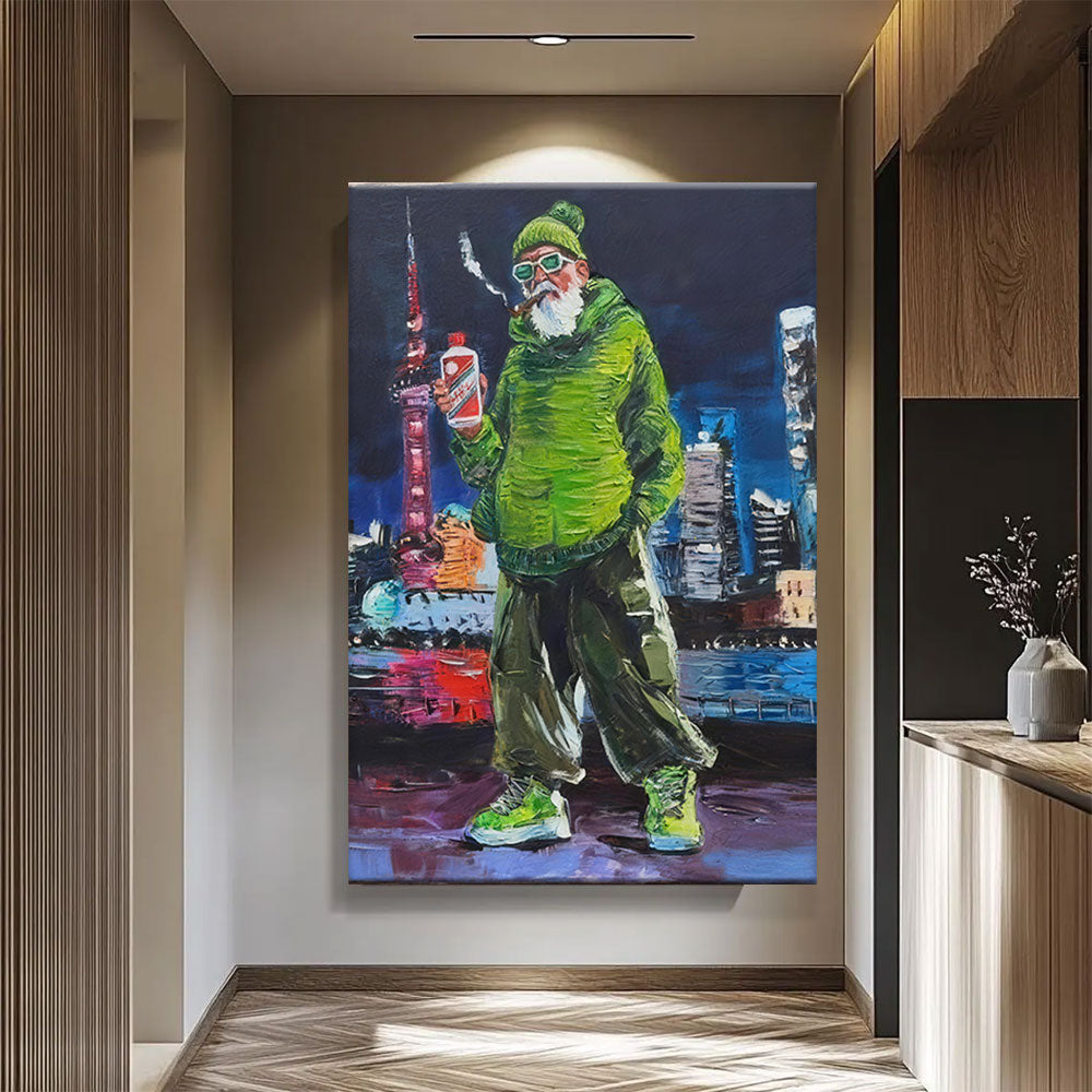 Green Jacket City Character canvas wall art, styled room mockup 4.
