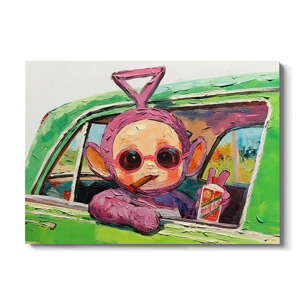 Purple Character in a Green Car canvas wall art, front product mockup on a light background.