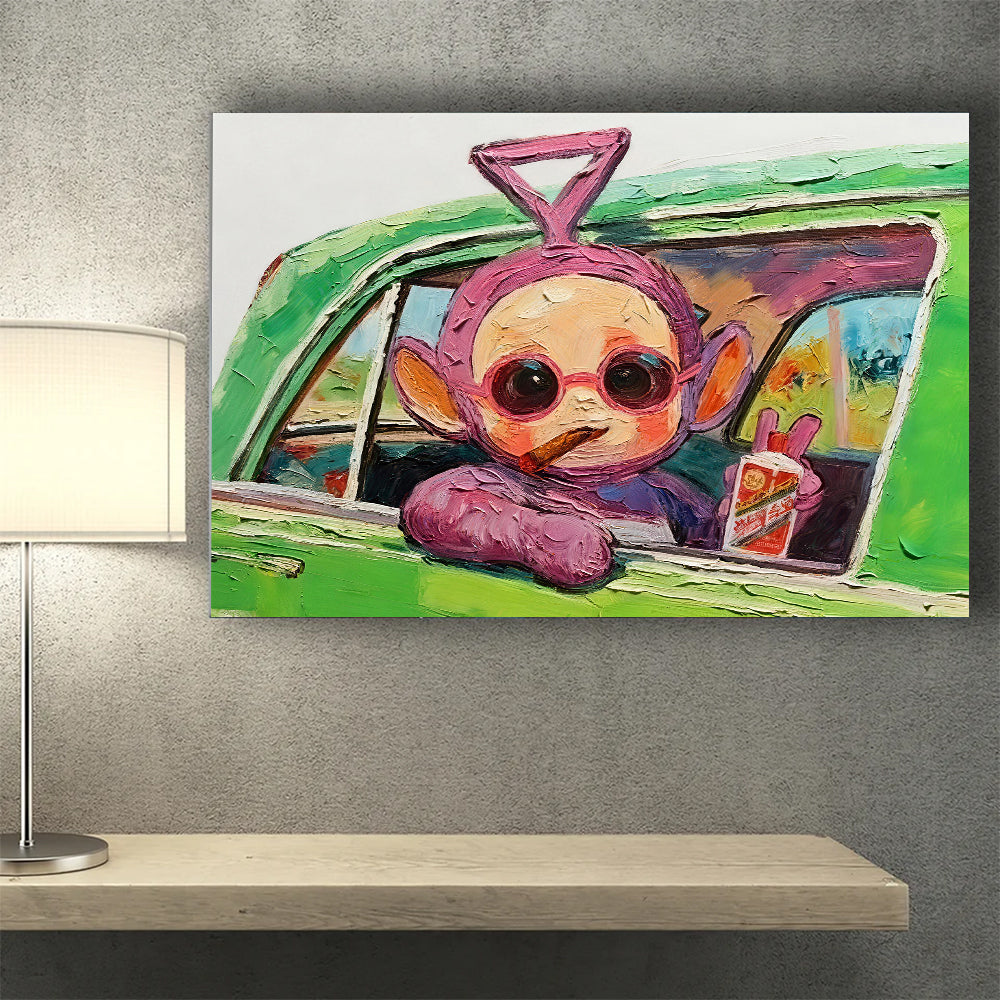 Purple Character in a Green Car canvas wall art, styled room mockup 4.