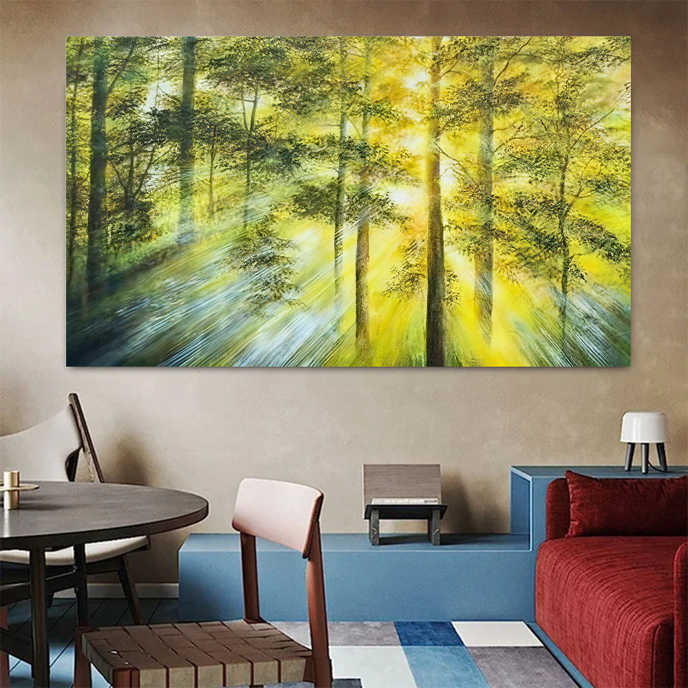 Golden Light in the Forest canvas wall art, styled room mockup 3.