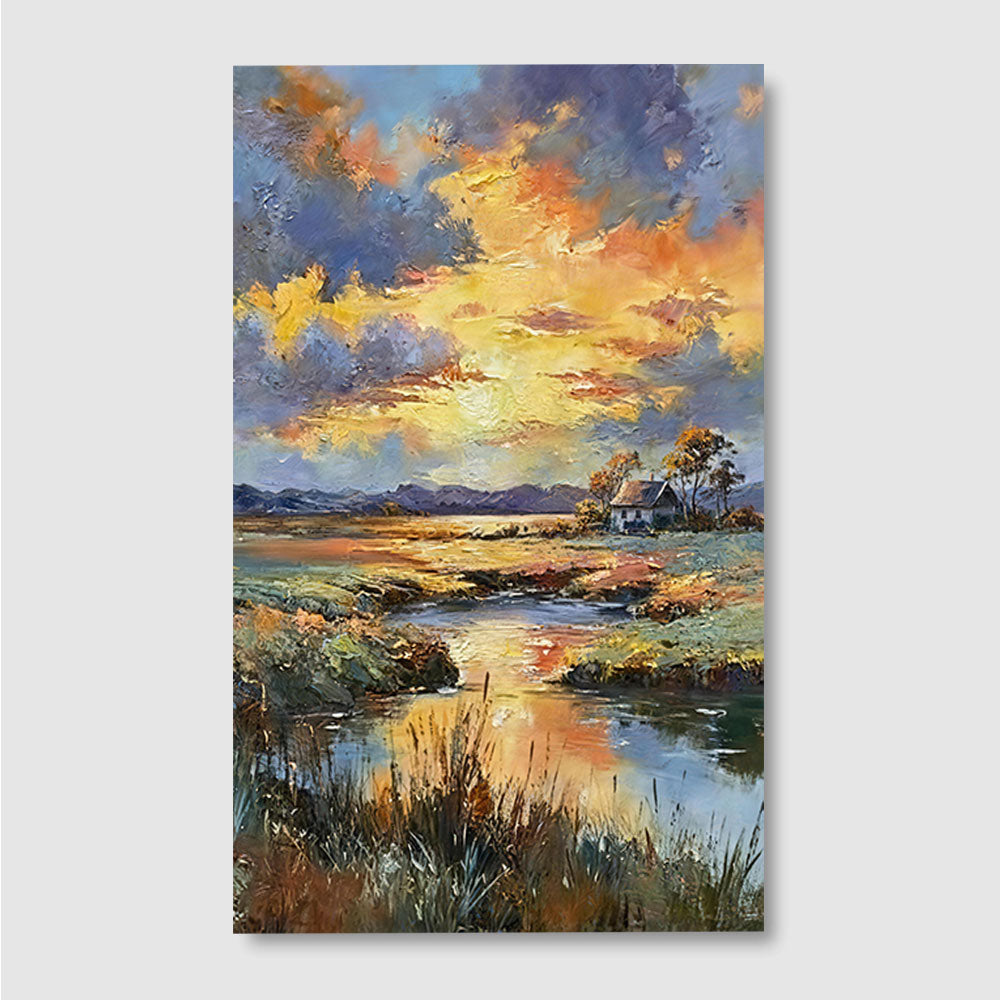 Golden Clouds Over the Marsh canvas wall art, front product mockup on a light background.