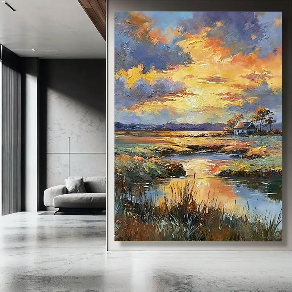 Golden Clouds Over the Marsh canvas wall art, styled room mockup 2.