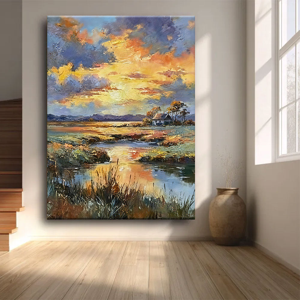 Golden Clouds Over the Marsh canvas wall art, styled room mockup 4.