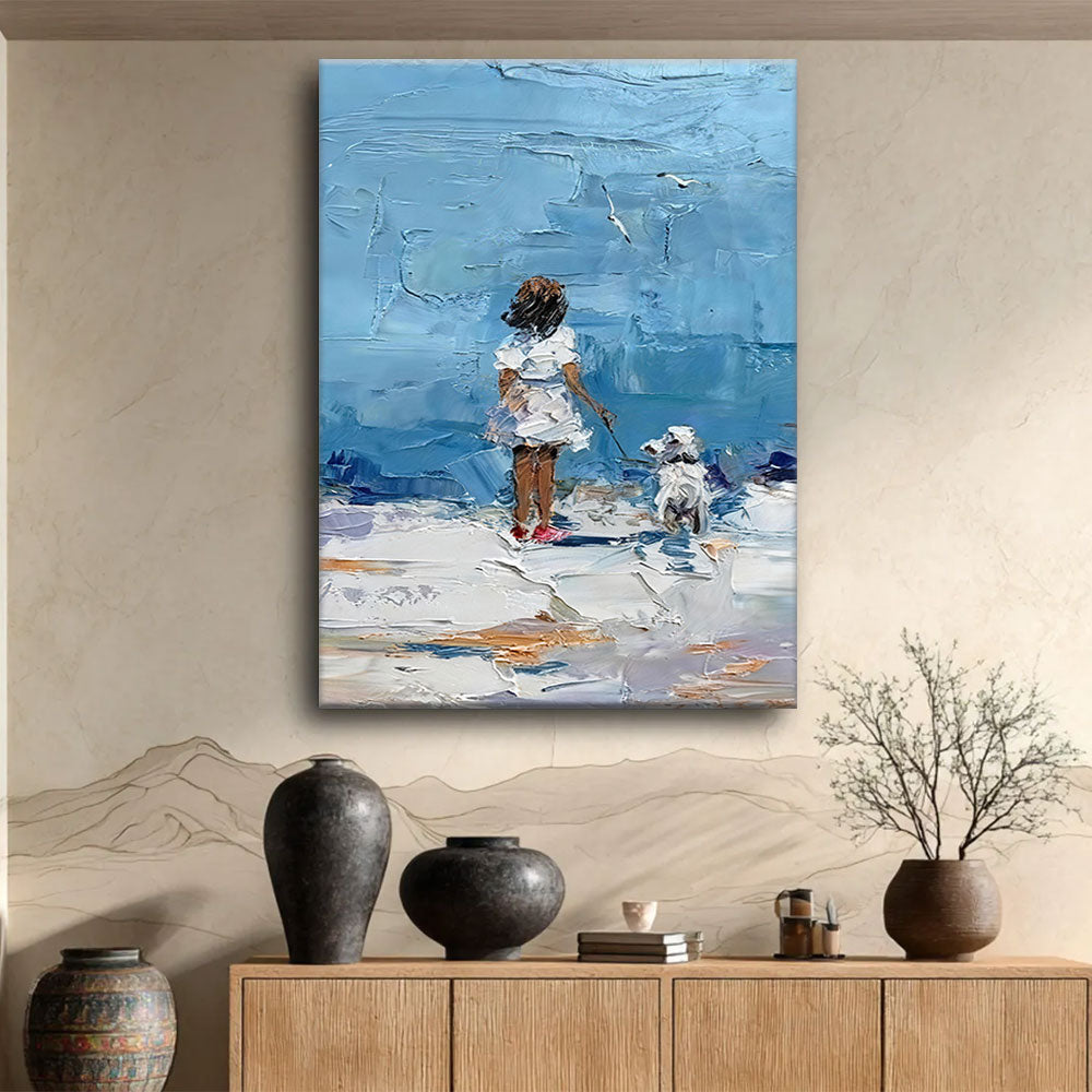 Walking by the Blue Sea canvas wall art, styled room mockup 1.