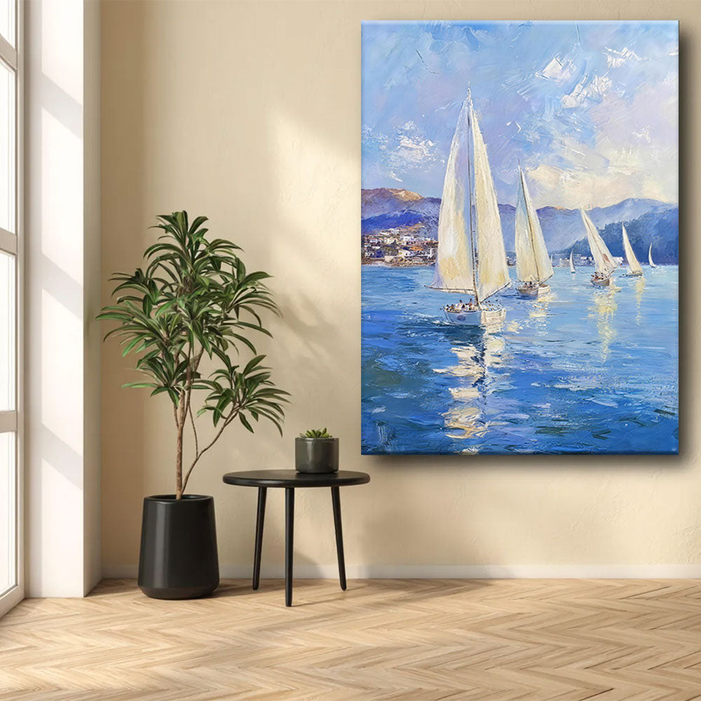 White Sails on Blue Water canvas wall art, styled room mockup 4.
