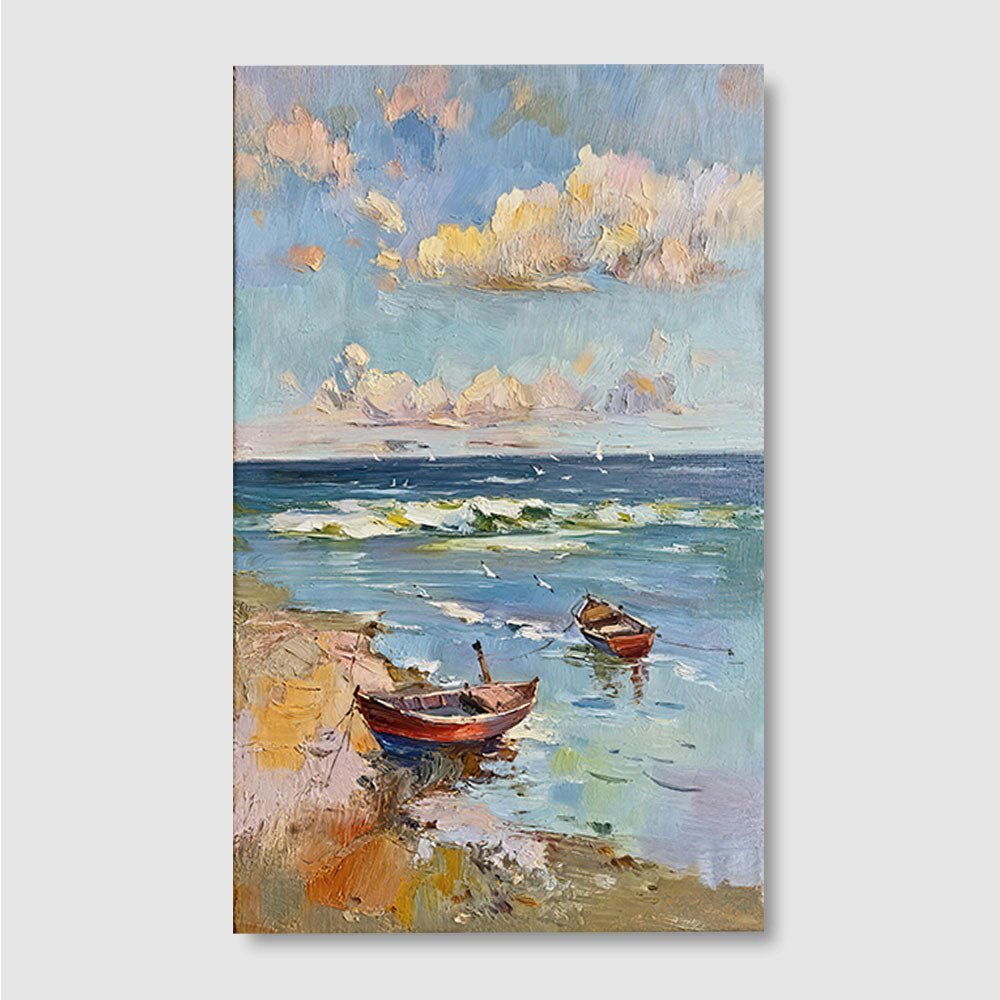 Small Boats on a Quiet Shore canvas wall art, front product mockup on a light background.