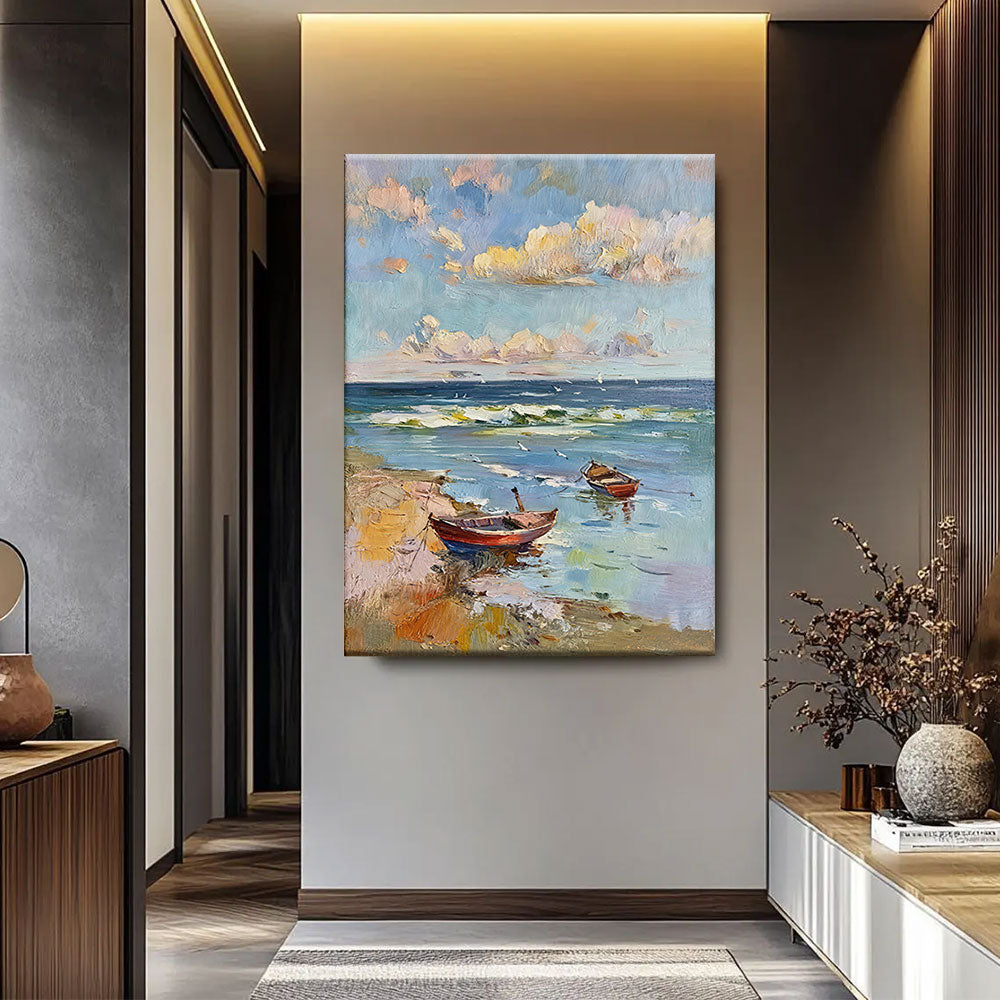 Small Boats on a Quiet Shore canvas wall art, styled room mockup 2.