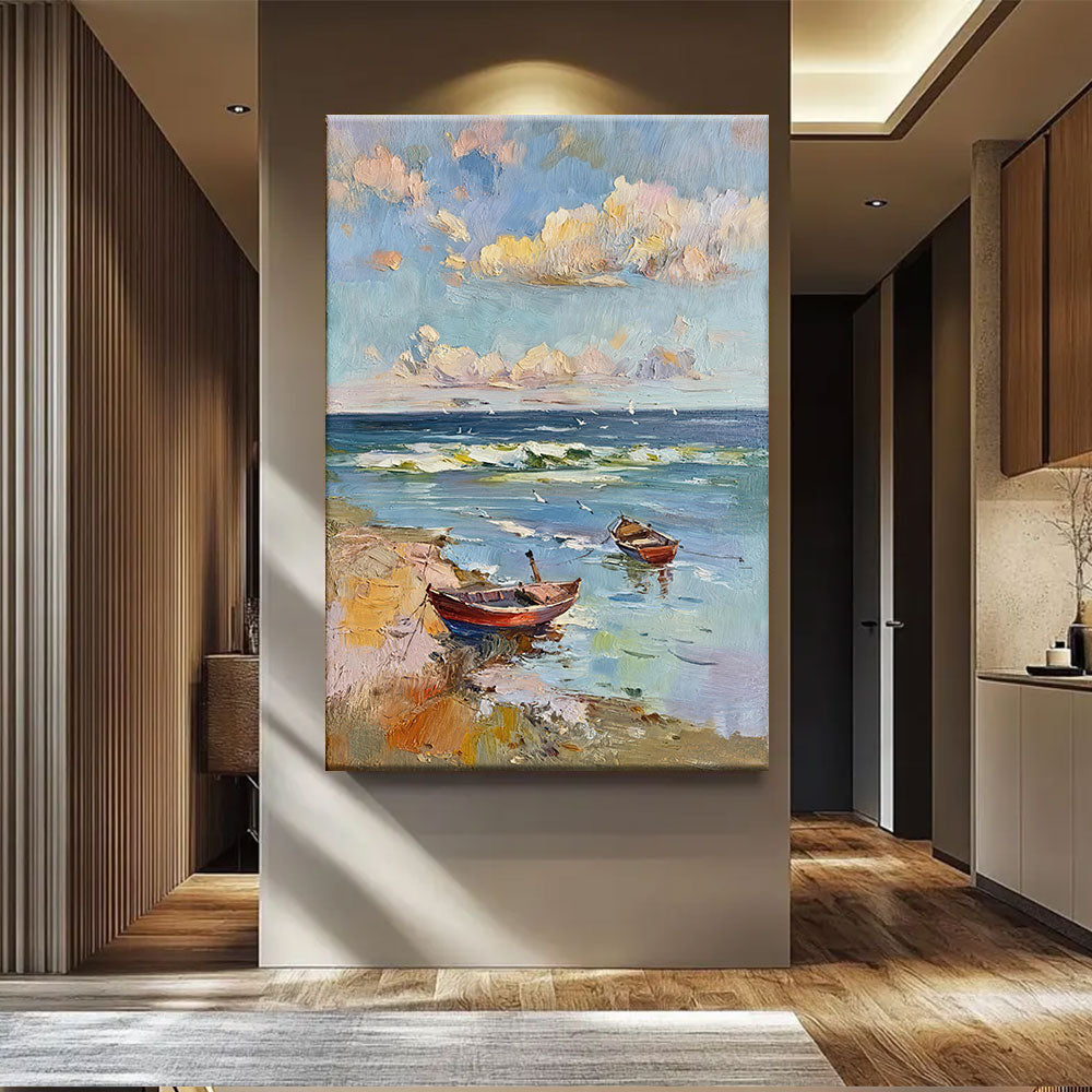 Small Boats on a Quiet Shore canvas wall art, styled room mockup 4.