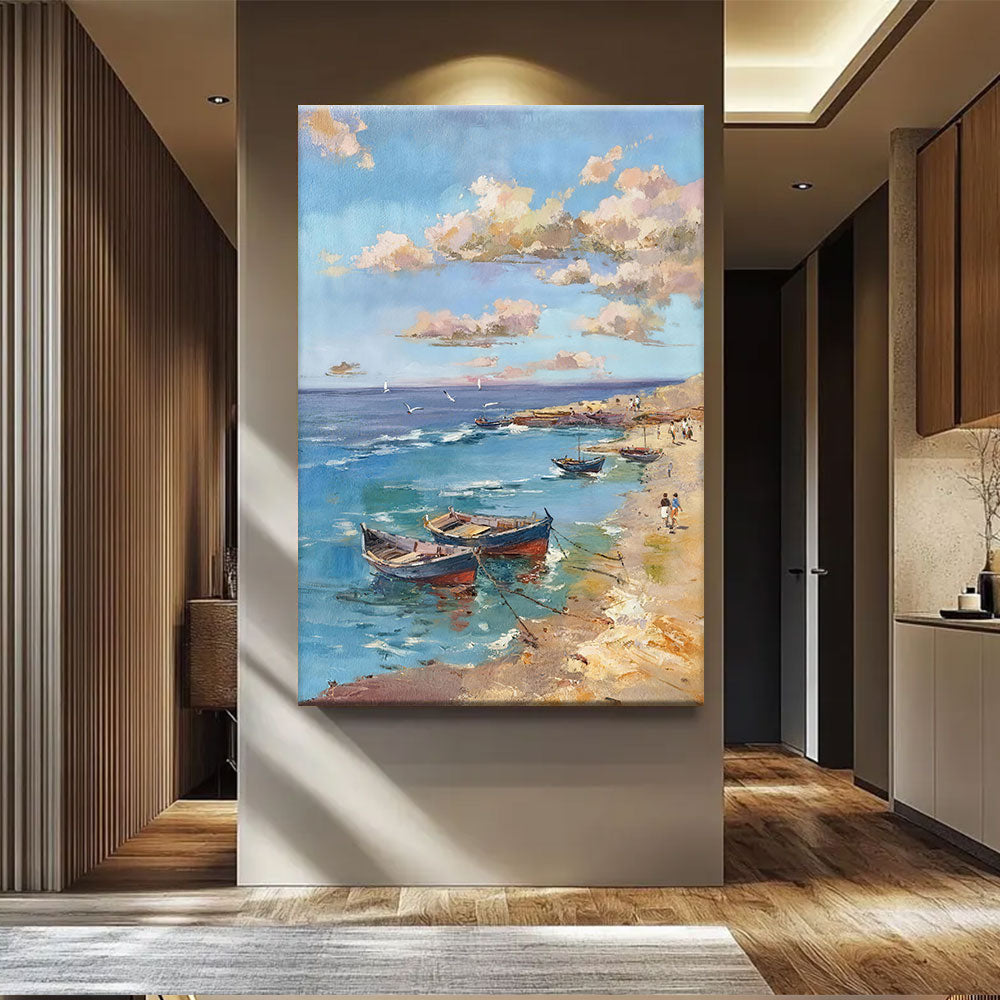 Blue Cove and Resting Boats canvas wall art, styled room mockup 2.