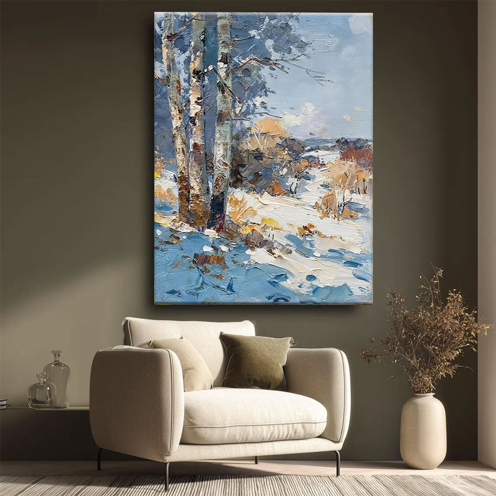 Birches in the Winter Sun canvas wall art, styled room mockup 2.