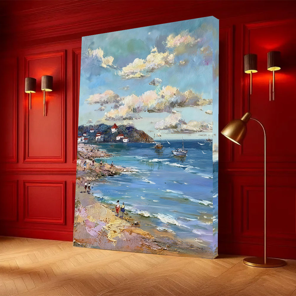 Rocky Shore in Gentle Color canvas wall art, styled room mockup 3.