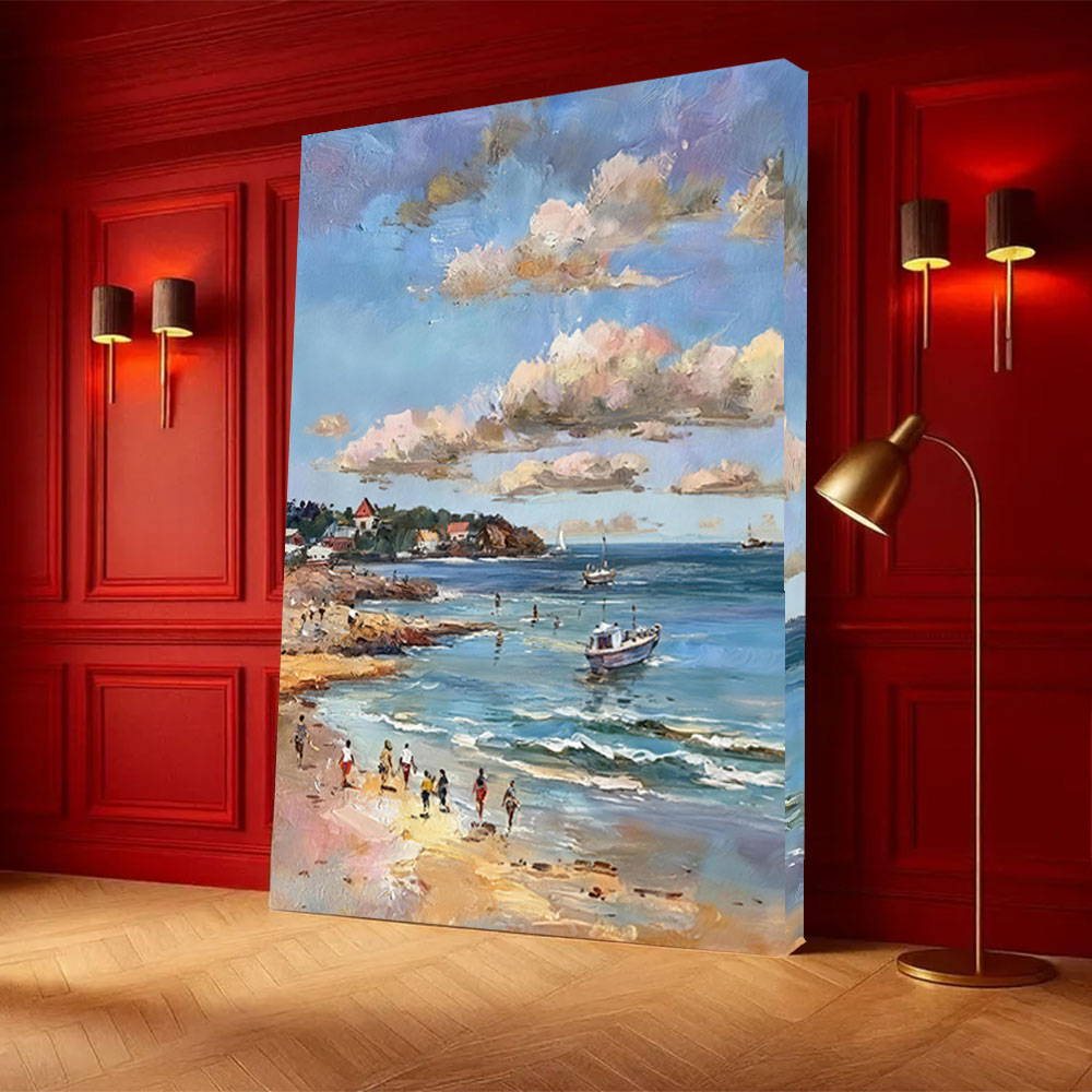 Cloud Shadows Over the Bay canvas wall art, styled room mockup 1.