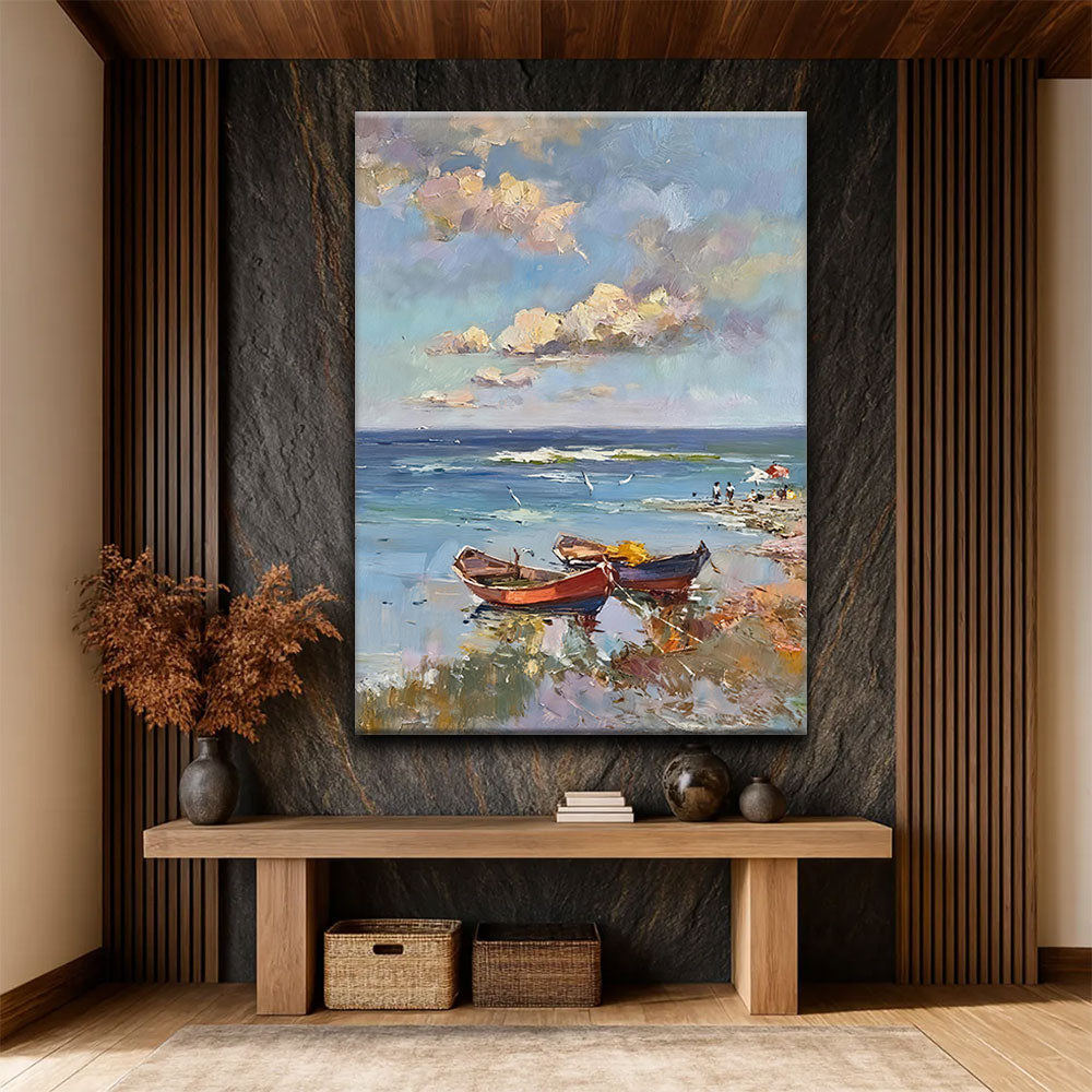 Red Boat at the Water Edge canvas wall art, styled room mockup 1.