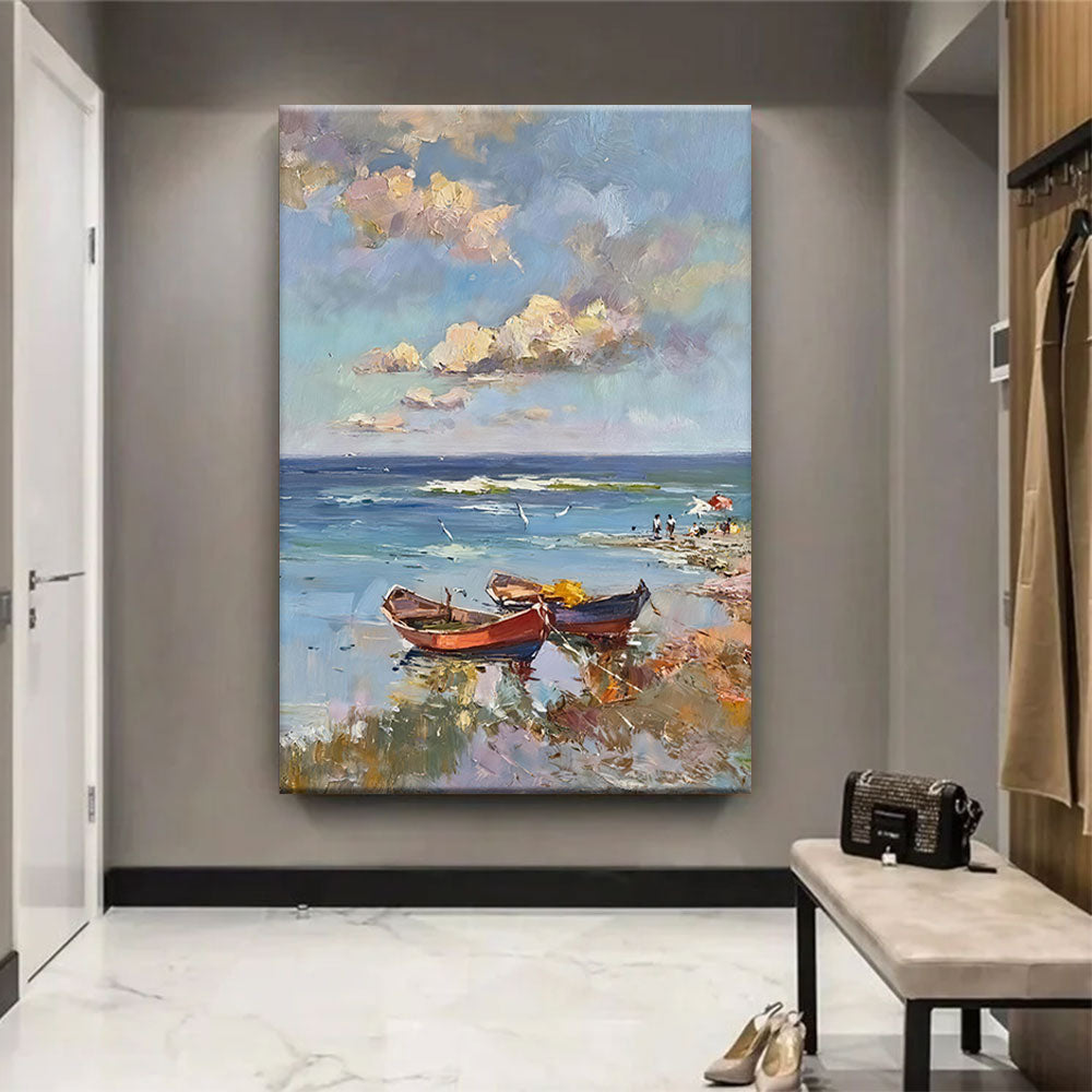 Red Boat at the Water Edge canvas wall art, styled room mockup 2.