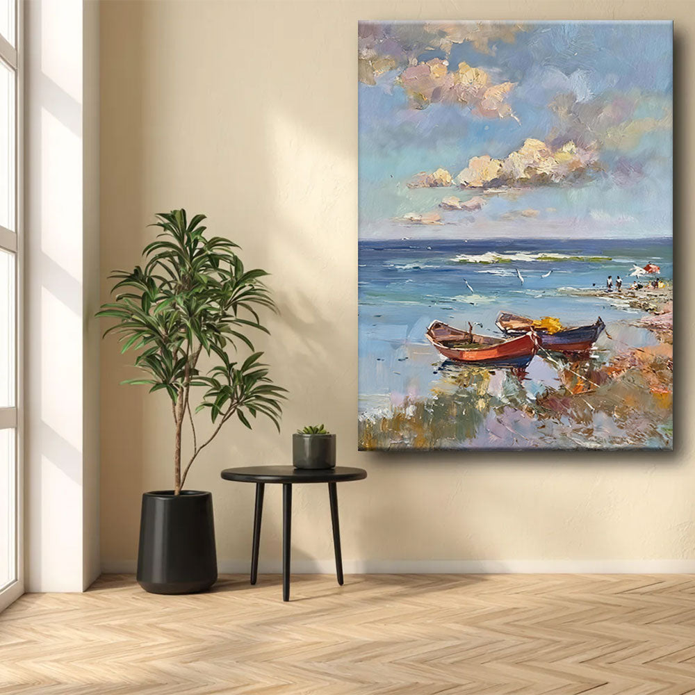Red Boat at the Water Edge canvas wall art, styled room mockup 3.