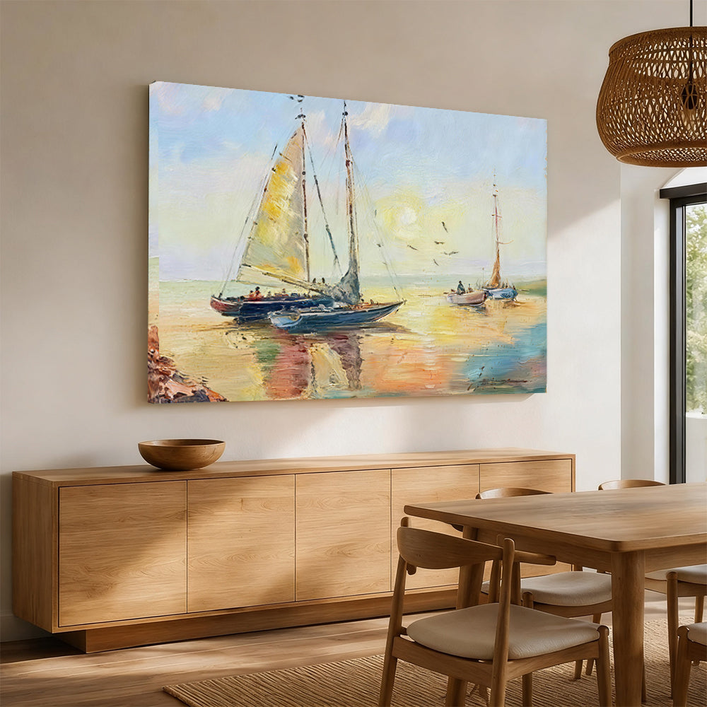 Sails and Warm Reflections canvas wall art, styled room mockup 1.