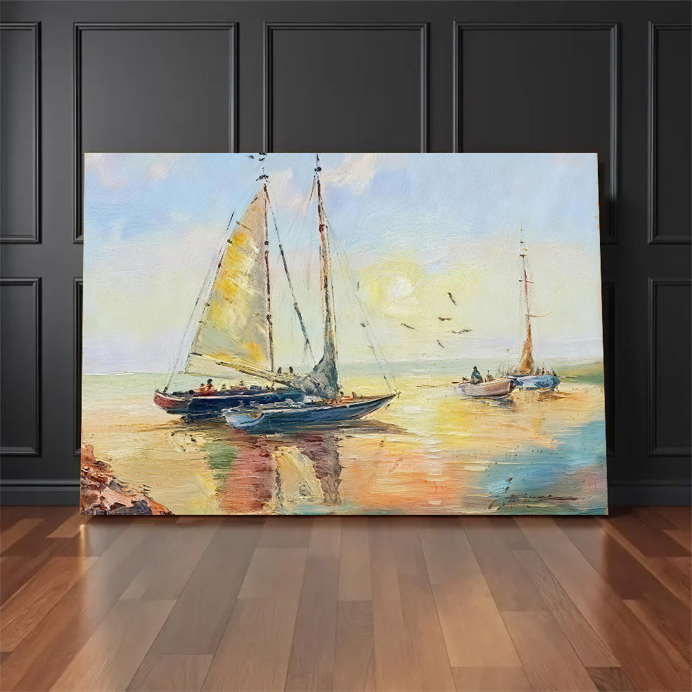 Sails and Warm Reflections canvas wall art, styled room mockup 2.