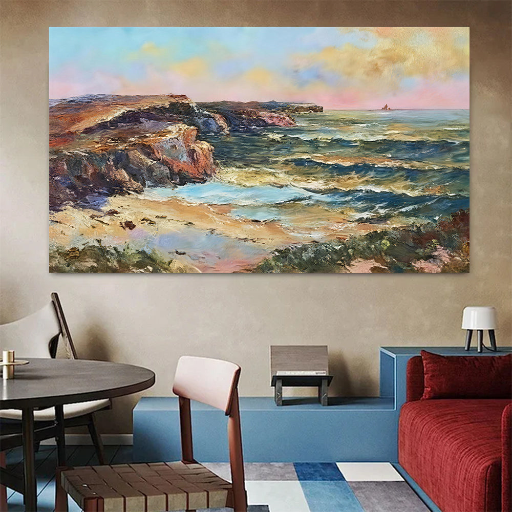 Evening Light on the Rocky Coast canvas wall art, styled room mockup 1.