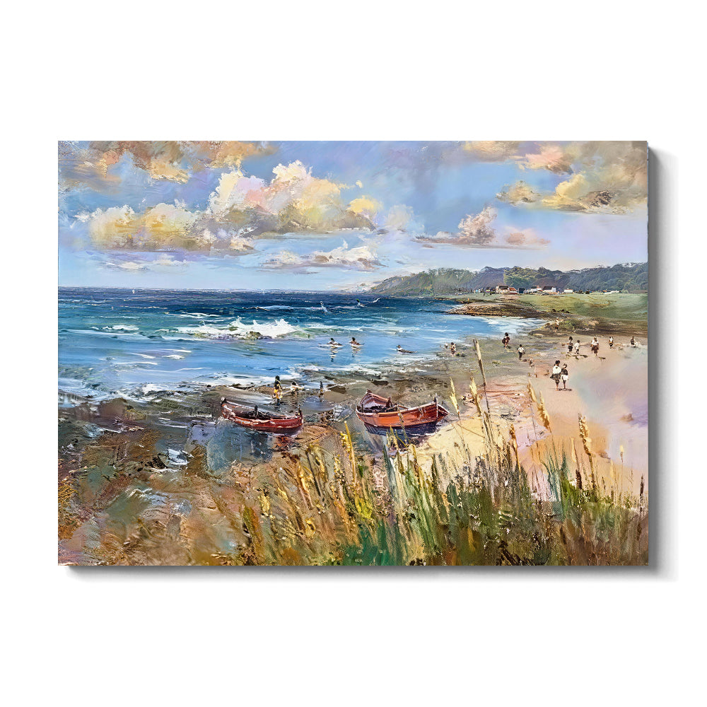 Coastal Grasses and Resting Boats canvas wall art, front product mockup on a light background.