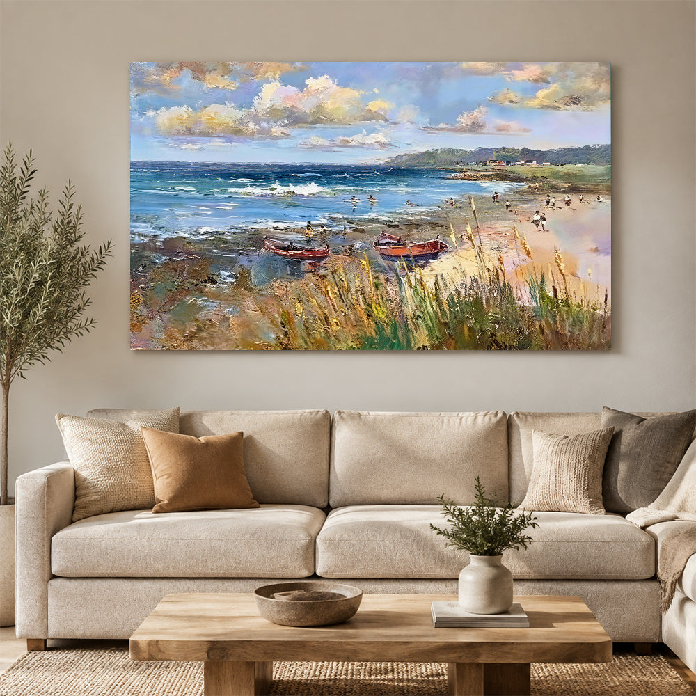 Coastal Grasses and Resting Boats canvas wall art, styled room mockup 3.