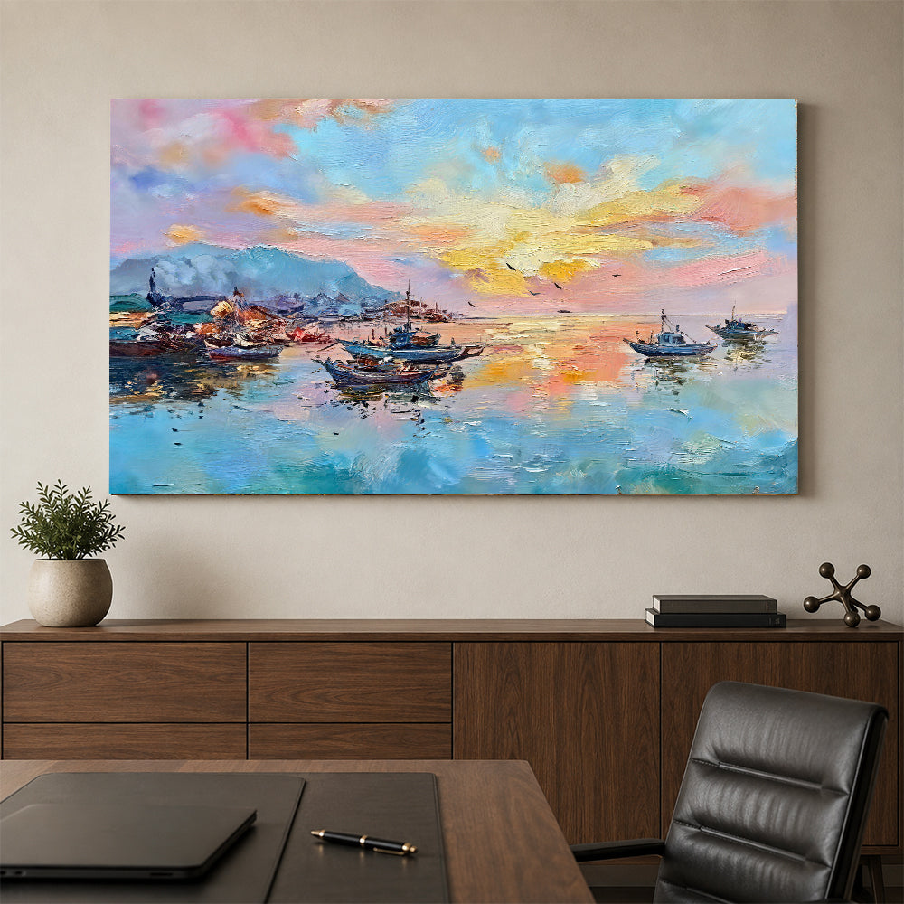 Pastel Sunset Over the Harbor canvas wall art, styled room mockup 3.