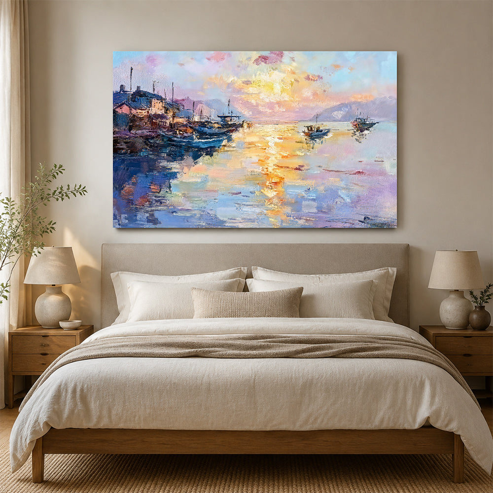 Golden Reflections in the Harbor canvas wall art, styled room mockup 1.