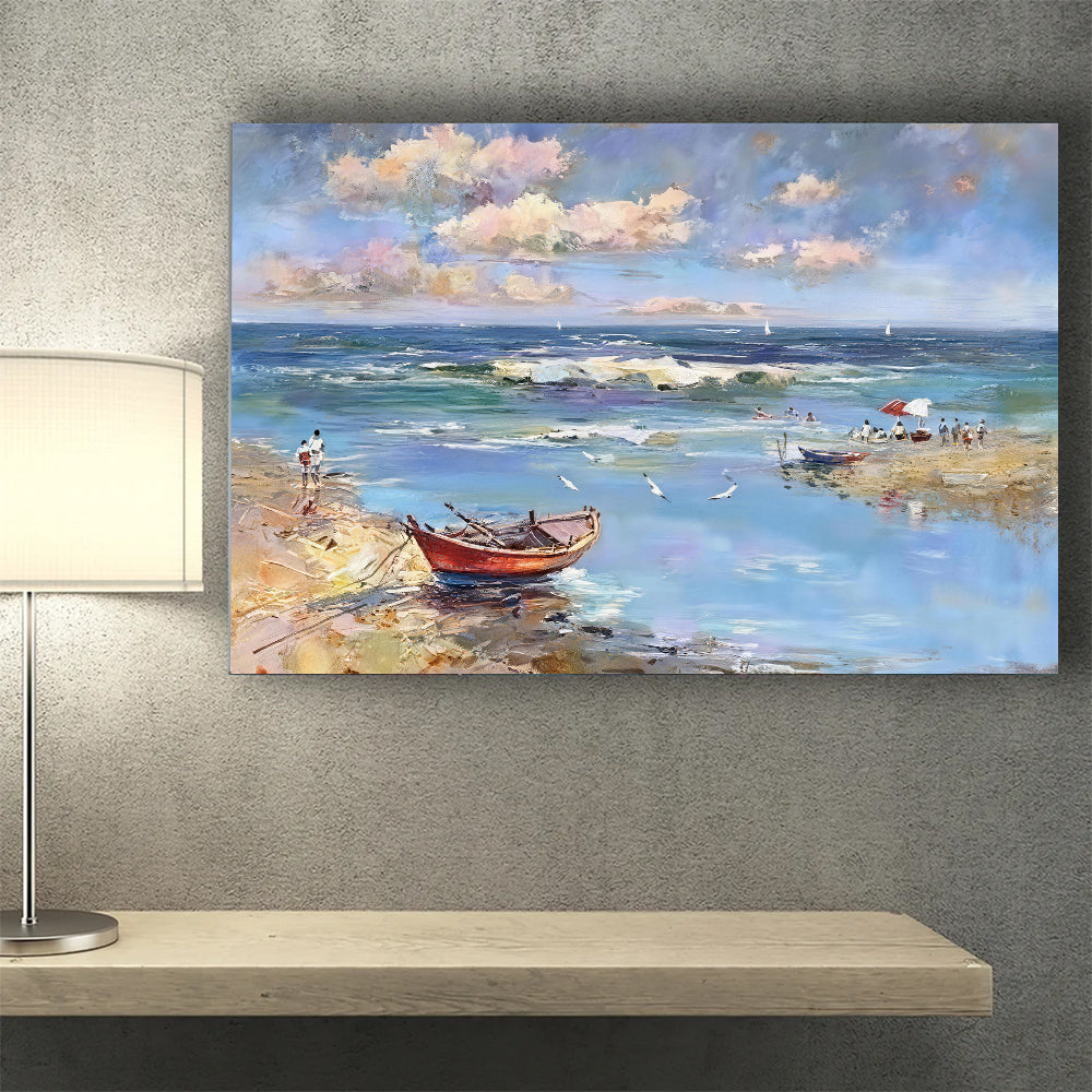Red Boat in Shallow Blue Water canvas wall art, styled room mockup 2.