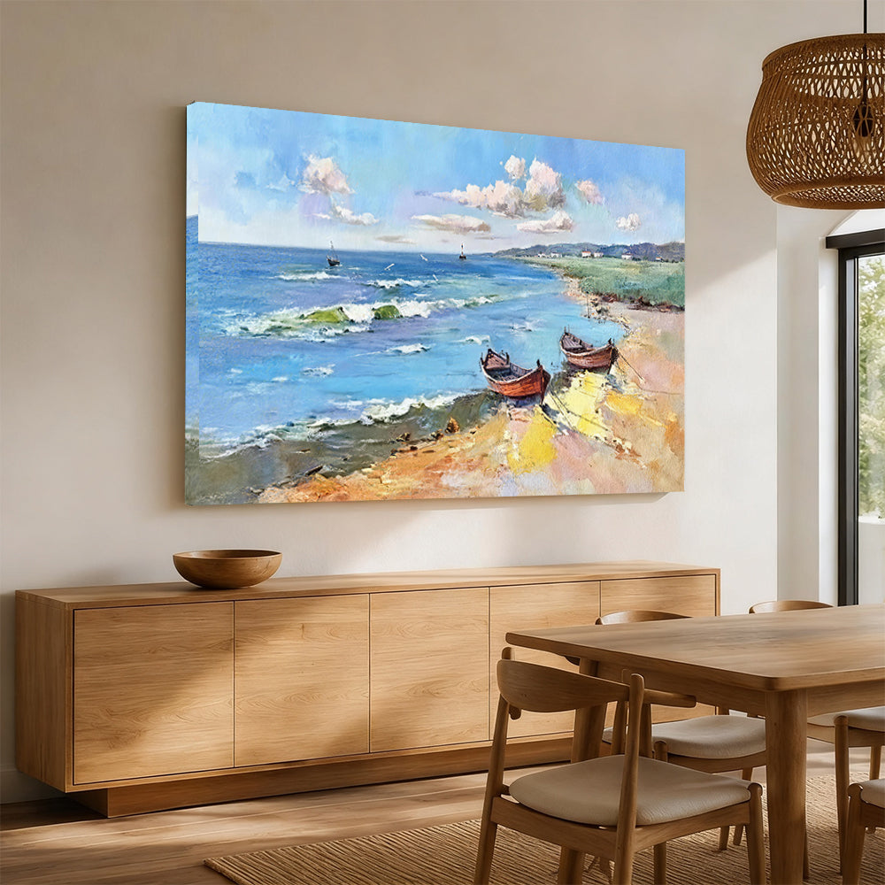 Summer Boats Along the Bay canvas wall art, styled room mockup 4.