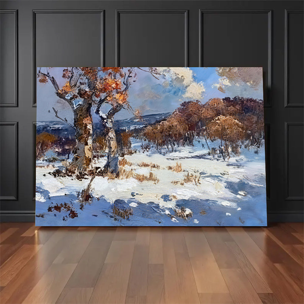 Winter Trees Beneath Blue Sky canvas wall art, styled room mockup 1.