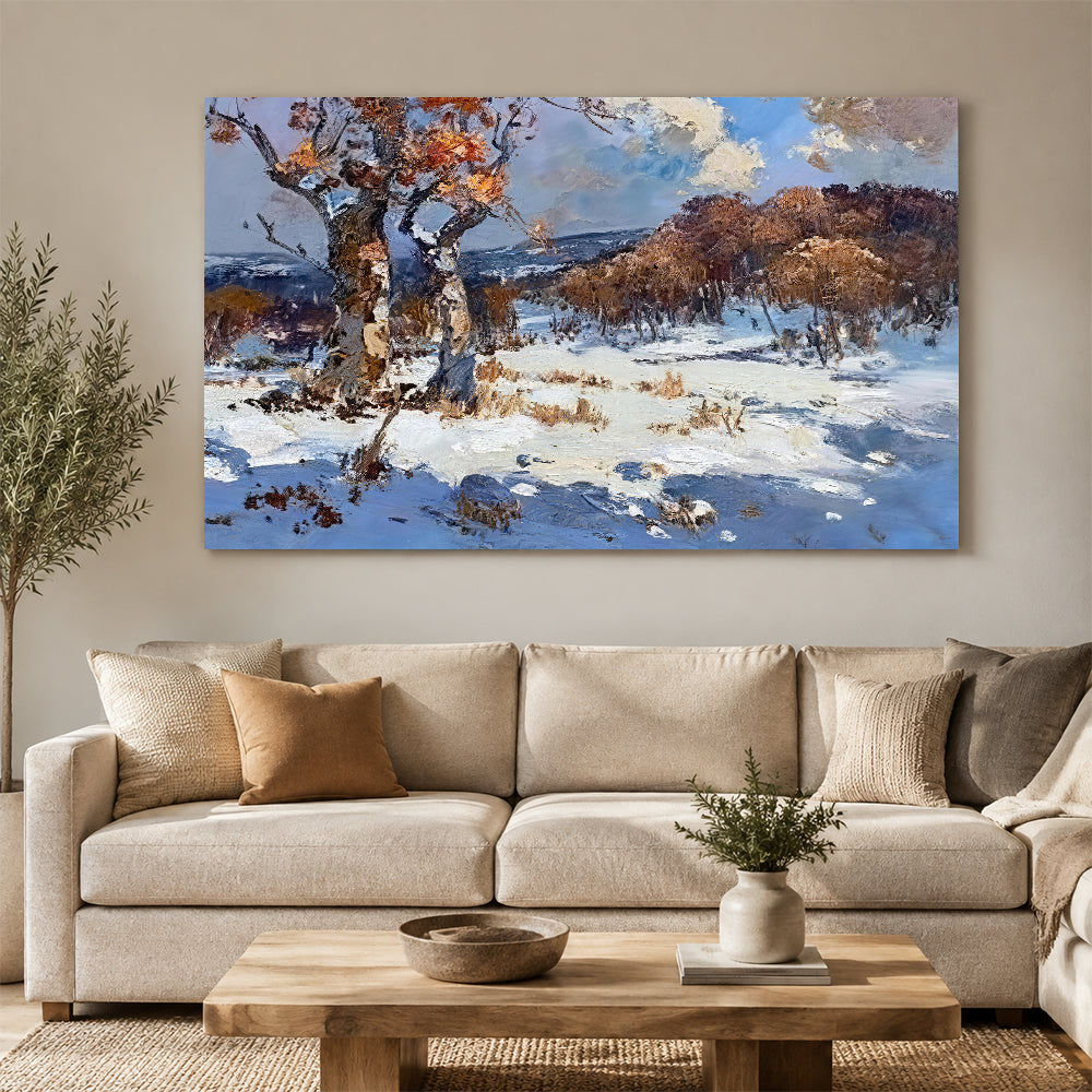 Winter Trees Beneath Blue Sky canvas wall art, styled room mockup 2.