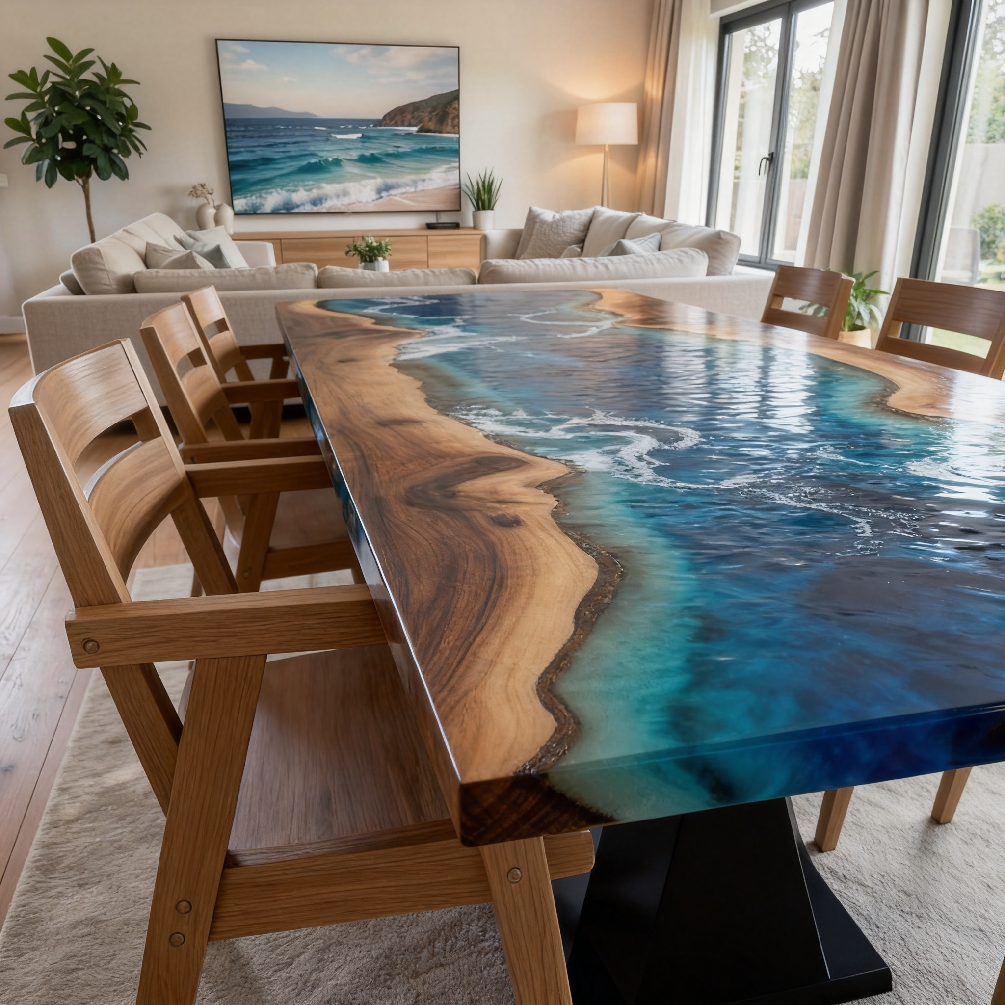 Custom Premium Rectangular Suar Wood Ocean Blue Epoxy River Dining Table image 4