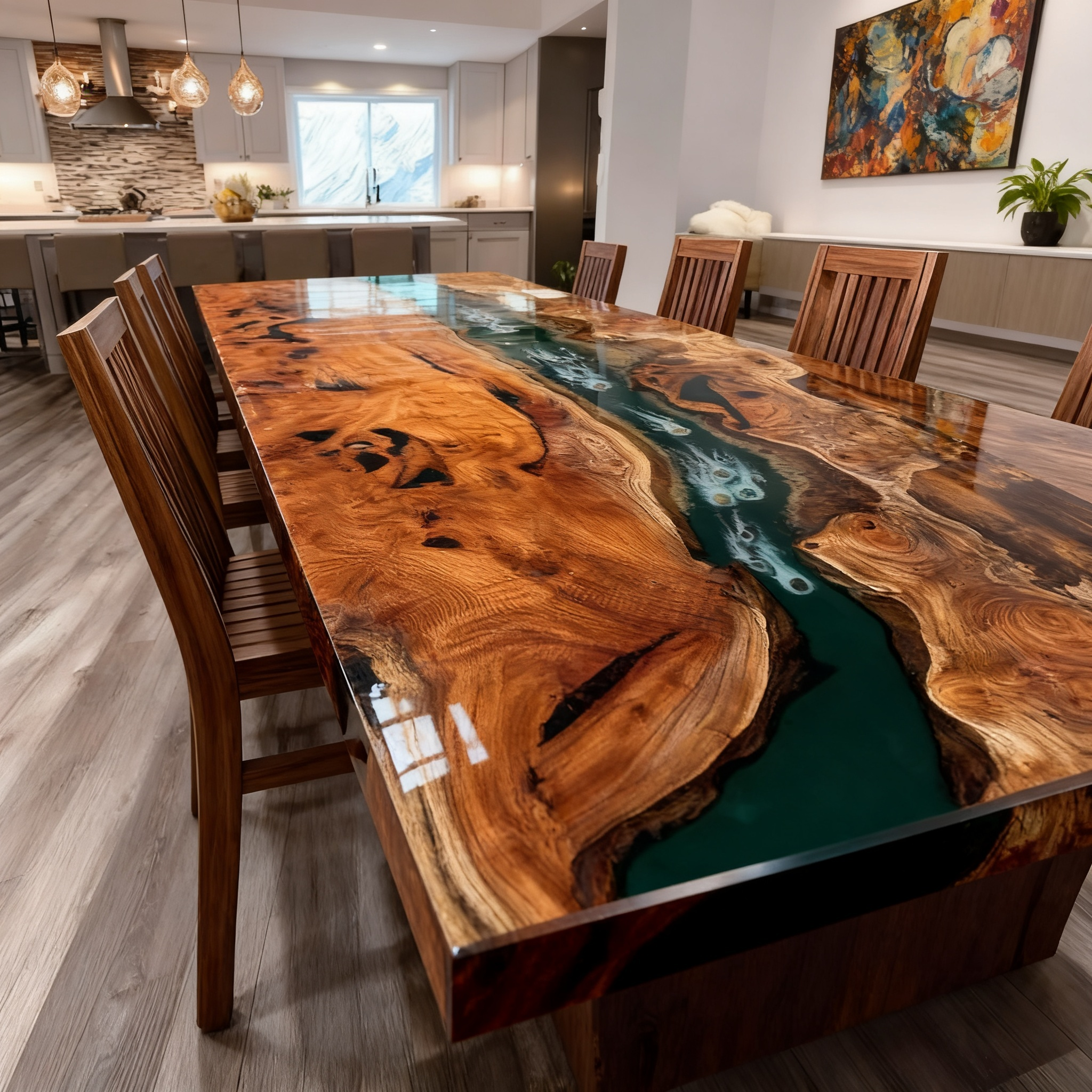 Exquisite Emerald Green Stone Inlay Beech Wood Epoxy Dining Table