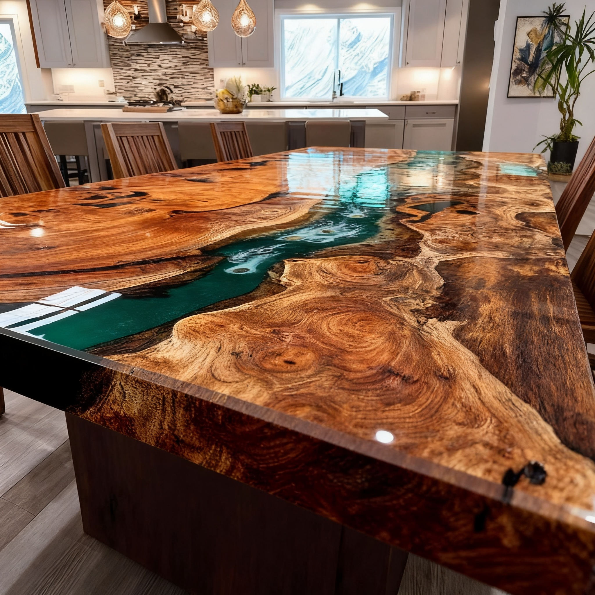 Exquisite Emerald Green Stone Inlay Beech Wood Epoxy Dining Table