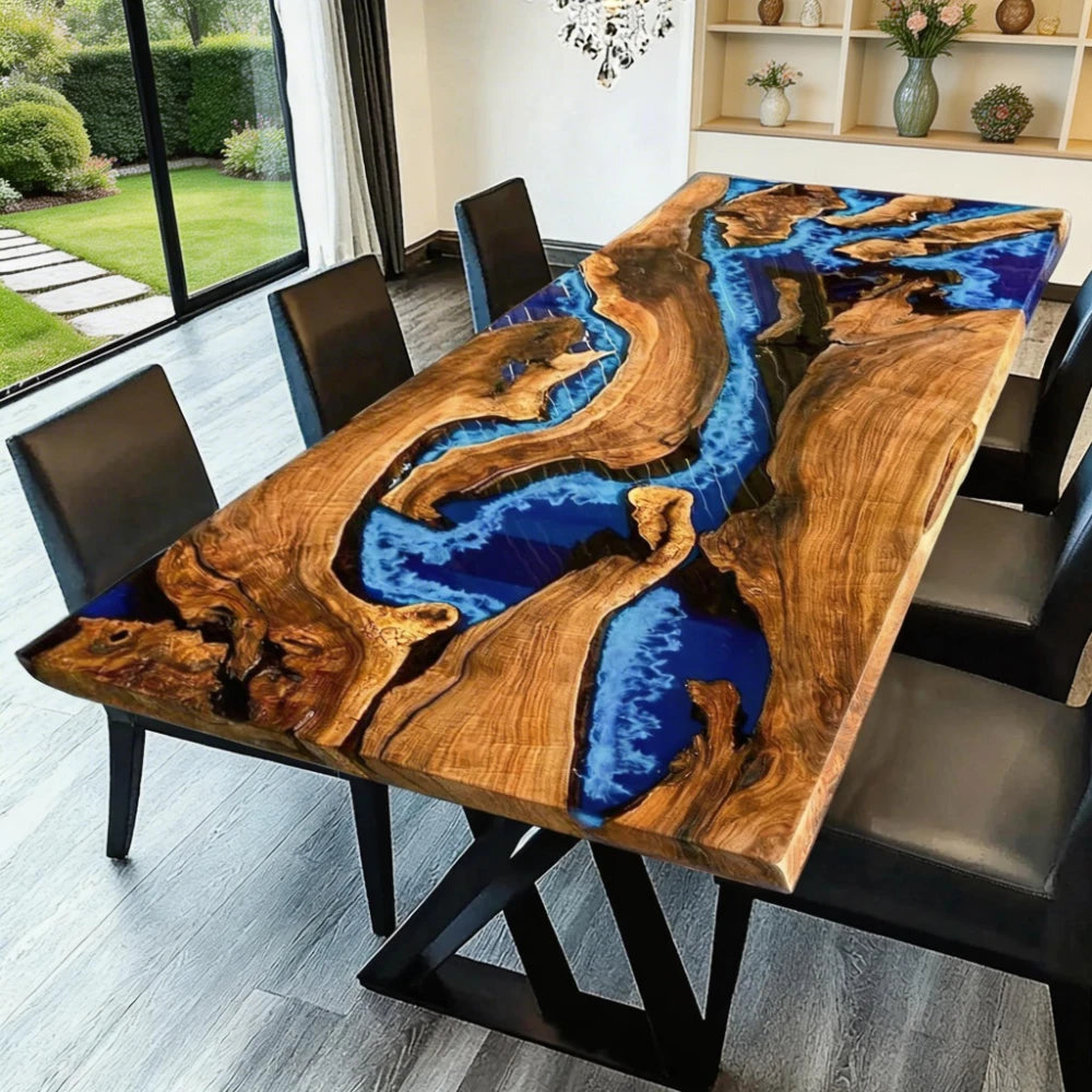 Boreal Tide Flow Custom Black Walnut Blue Epoxy River Dining Table image 3
