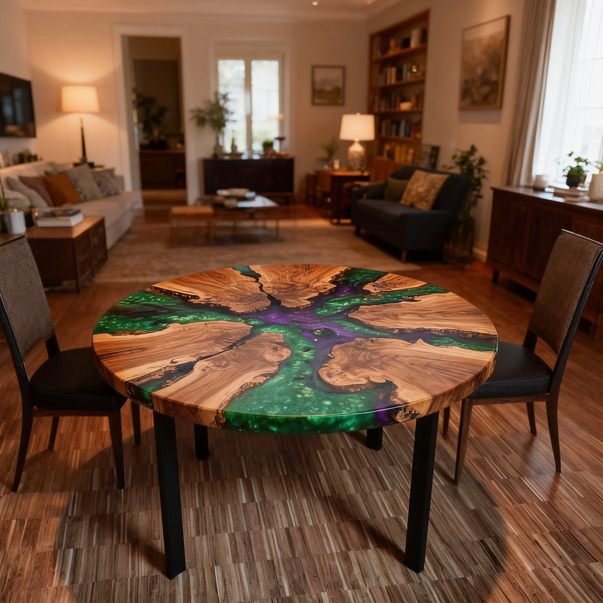 Premium Round Suar Wood Blue Epoxy River Dining Table image 2