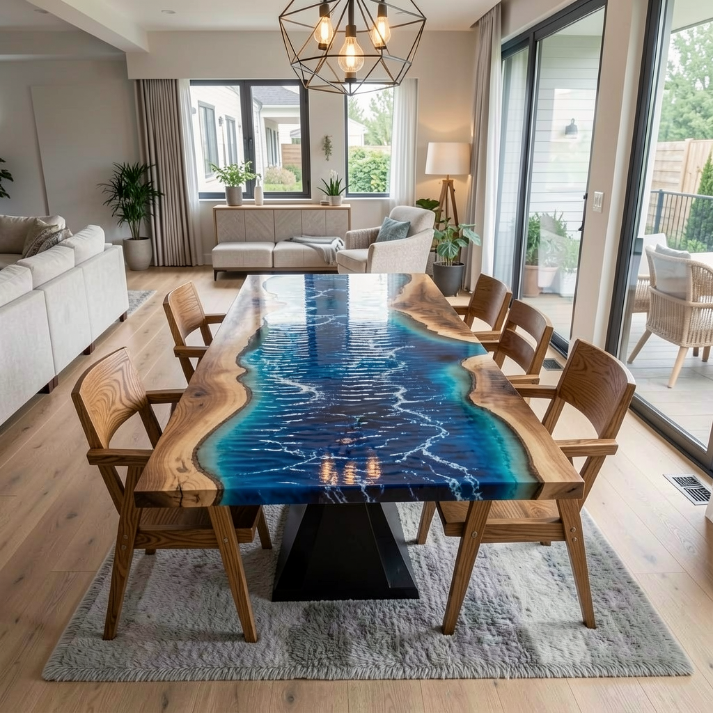 Custom Premium Rectangular Suar Wood Ocean Blue Epoxy River Dining Table image 2