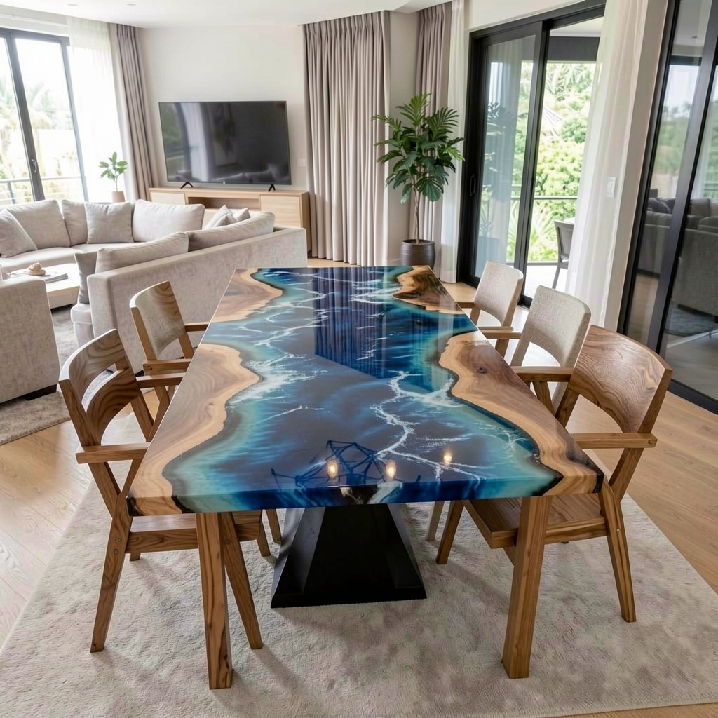 Custom Premium Rectangular Suar Wood Ocean Blue Epoxy River Dining Table image 2