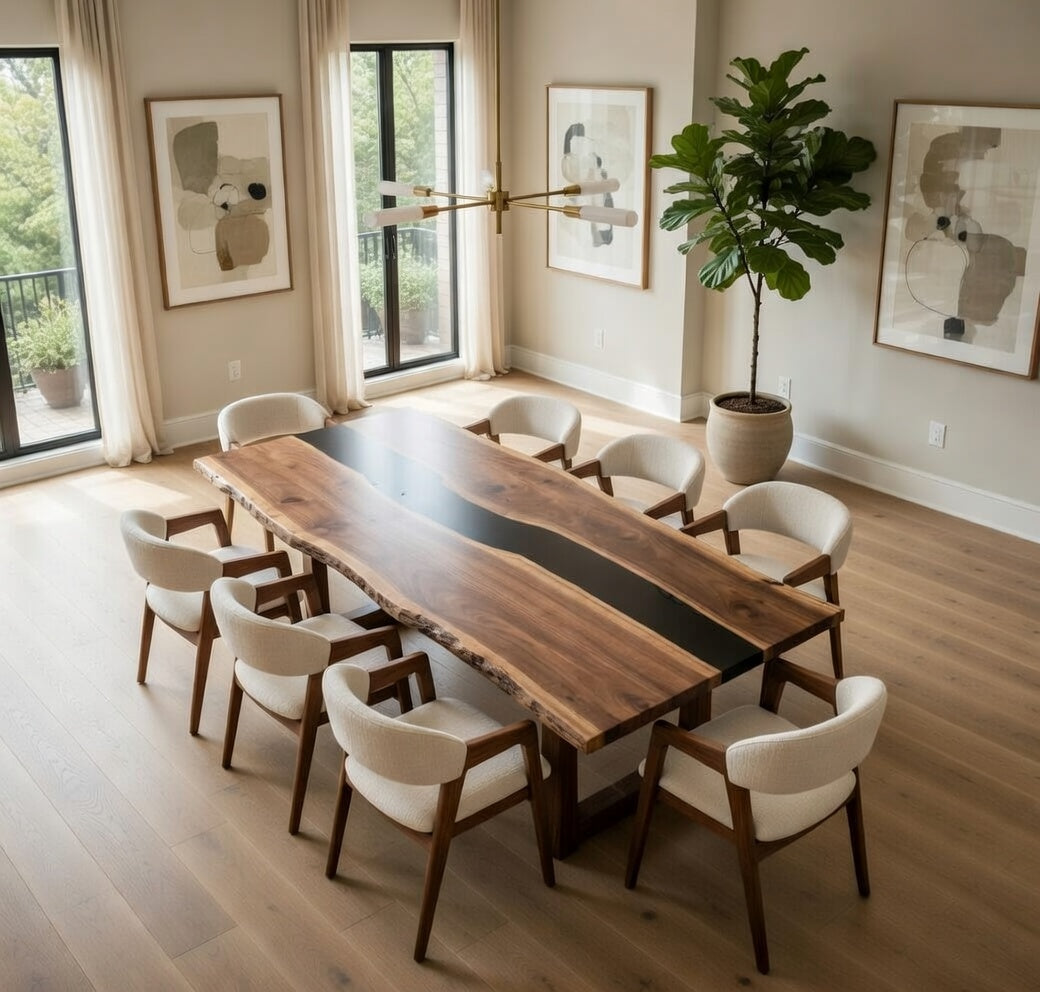 Custom Premium Rectangular Black Walnut Black Epoxy River Dining Table image 2